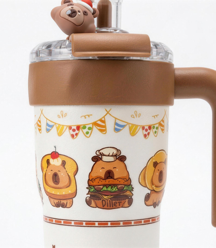 Close-up of the capybara Baking Party print showing bunting flags and capybaras in toast, a burger and bread