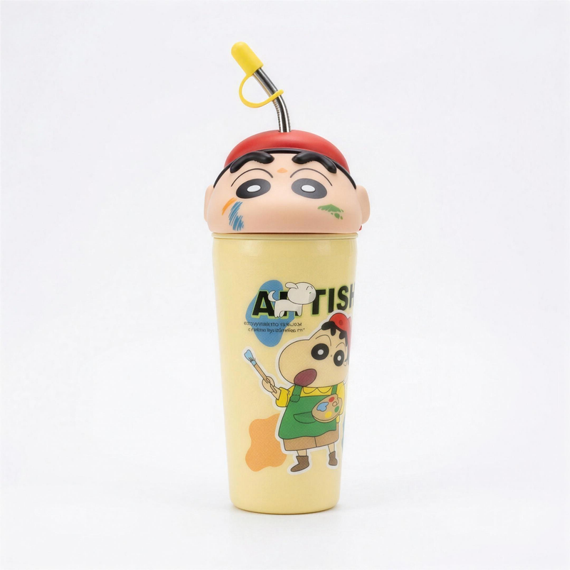 Shinchan kids sipper bottle in pale yellow with a moulded character head lid, red cap and fitted straw