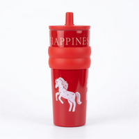 Red sipper tumbler with a white prancing unicorn print, Happiness lettering, ribbed bands and a flip-top spout