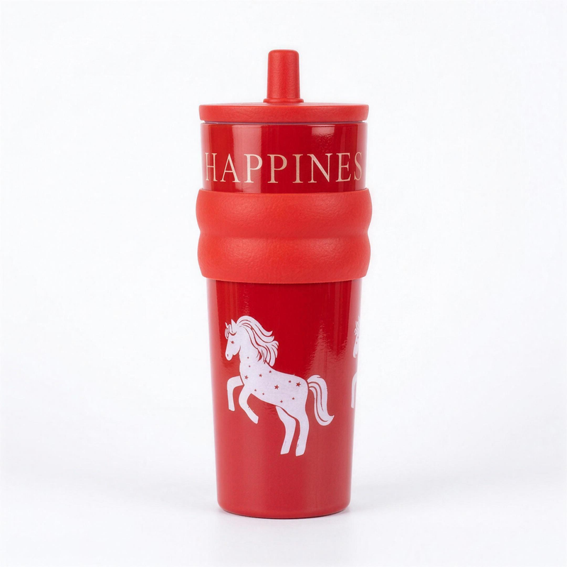 Red sipper tumbler with a white prancing unicorn print, Happiness lettering, ribbed bands and a flip-top spout
