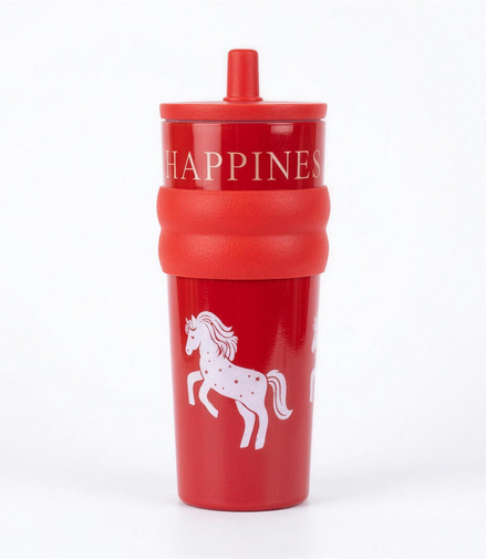 Red sipper tumbler with a white prancing unicorn print, Happiness lettering, ribbed bands and a flip-top spout