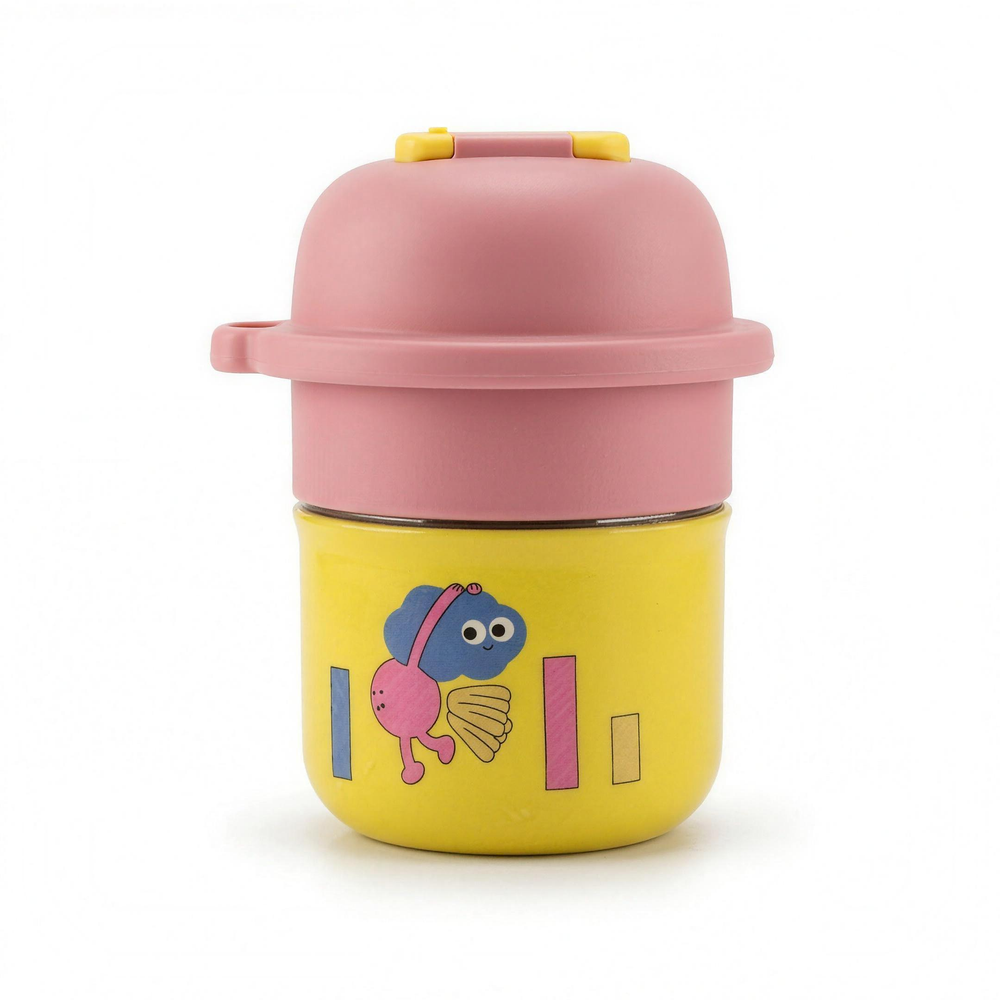Signoraware Zoe 450ml kids vacuum flask in yellow with a printed sea-creature panel and a dusty pink domed lid