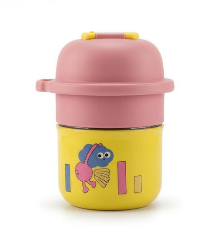 Signoraware Zoe 450ml kids vacuum flask in yellow with a printed sea-creature panel and a dusty pink domed lid
