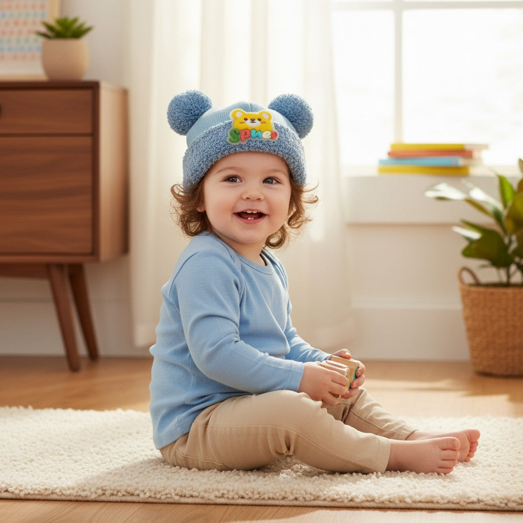 Adorable Blue Teddy Pom-Pom Winter Cap for Babies