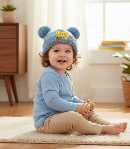 Adorable Blue Teddy Pom-Pom Winter Cap for Babies