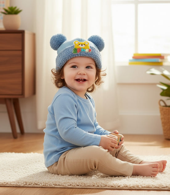 Adorable Blue Teddy Pom-Pom Winter Cap for Babies