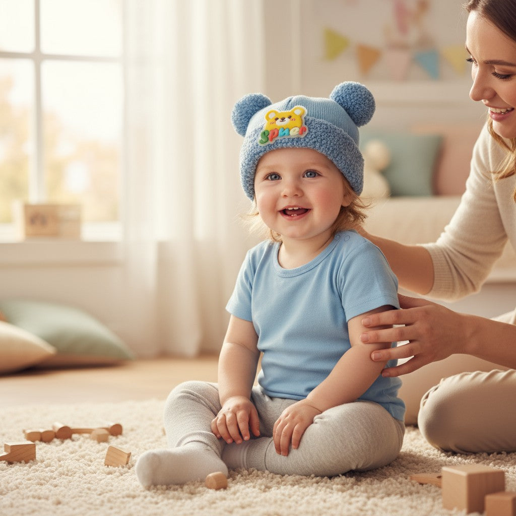 Adorable Blue Teddy Pom-Pom Winter Cap for Babies