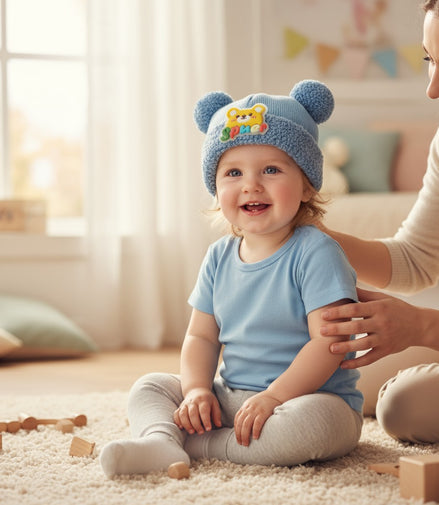 Adorable Blue Teddy Pom-Pom Winter Cap for Babies